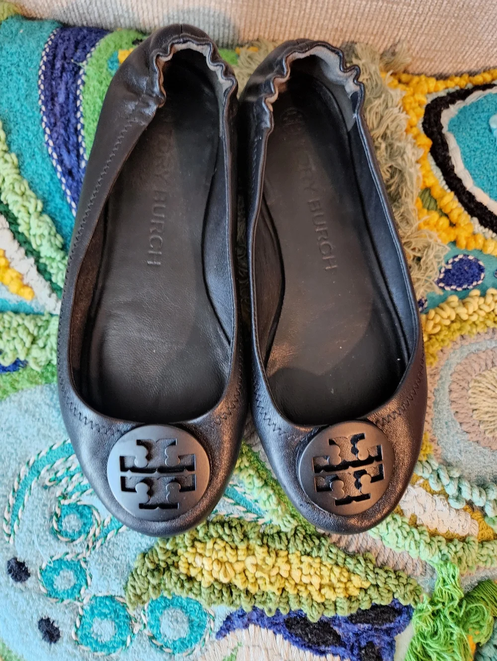 Tory Burch Black Leather Logo Ballet Flats
